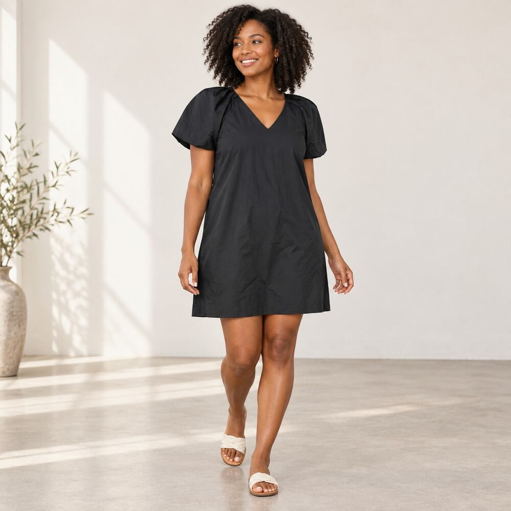 Madewell Dress WMNS M Black V Neck Puff Sleeve Mini Pockets Modern Minimalist